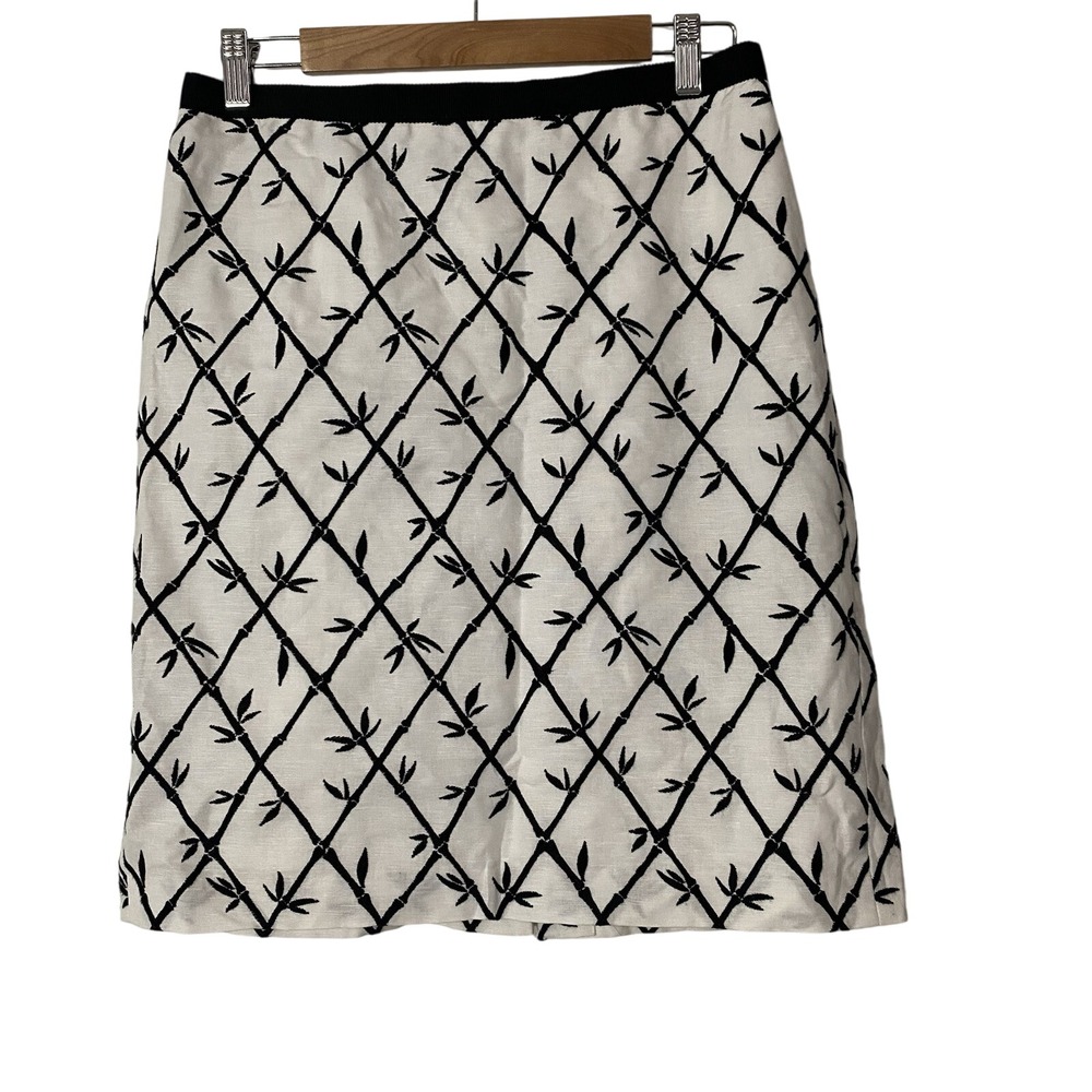 Talbots Women's Skirt Linen Blend Size 8 Petite White Black Bamboo Embroidery